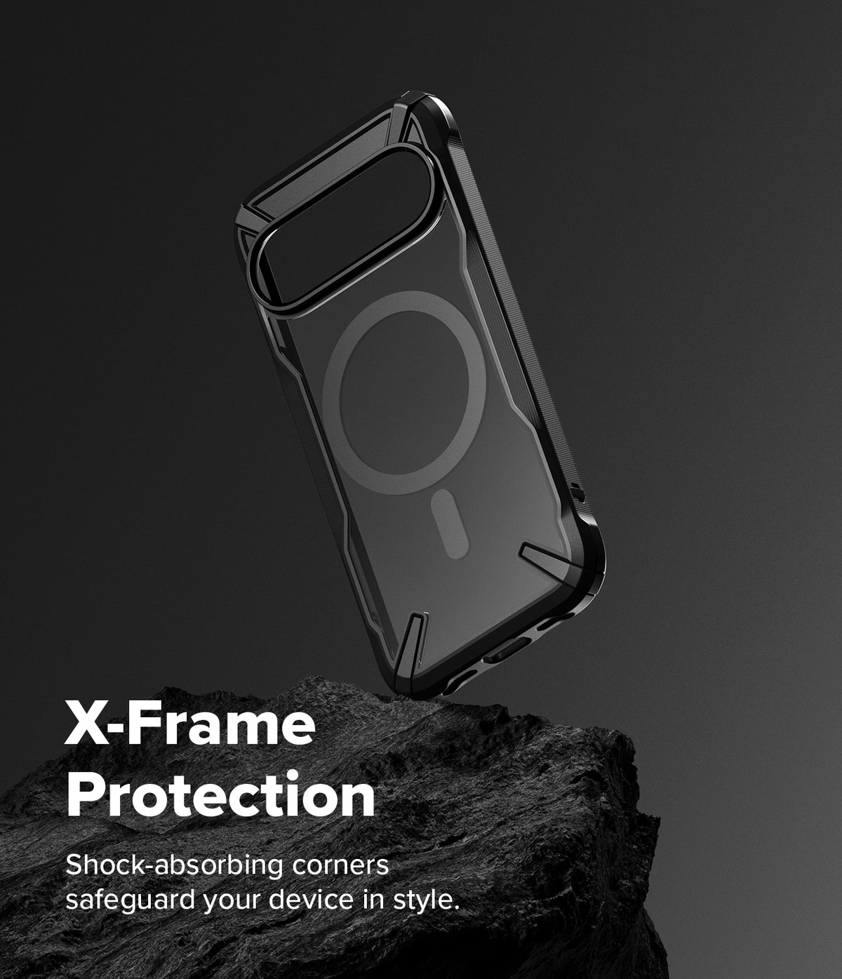Google Pixel 10 Pro / 10 Case | Fusion-X Magnetic - Black protective phone case with magnetic ring, hovering over a rock.