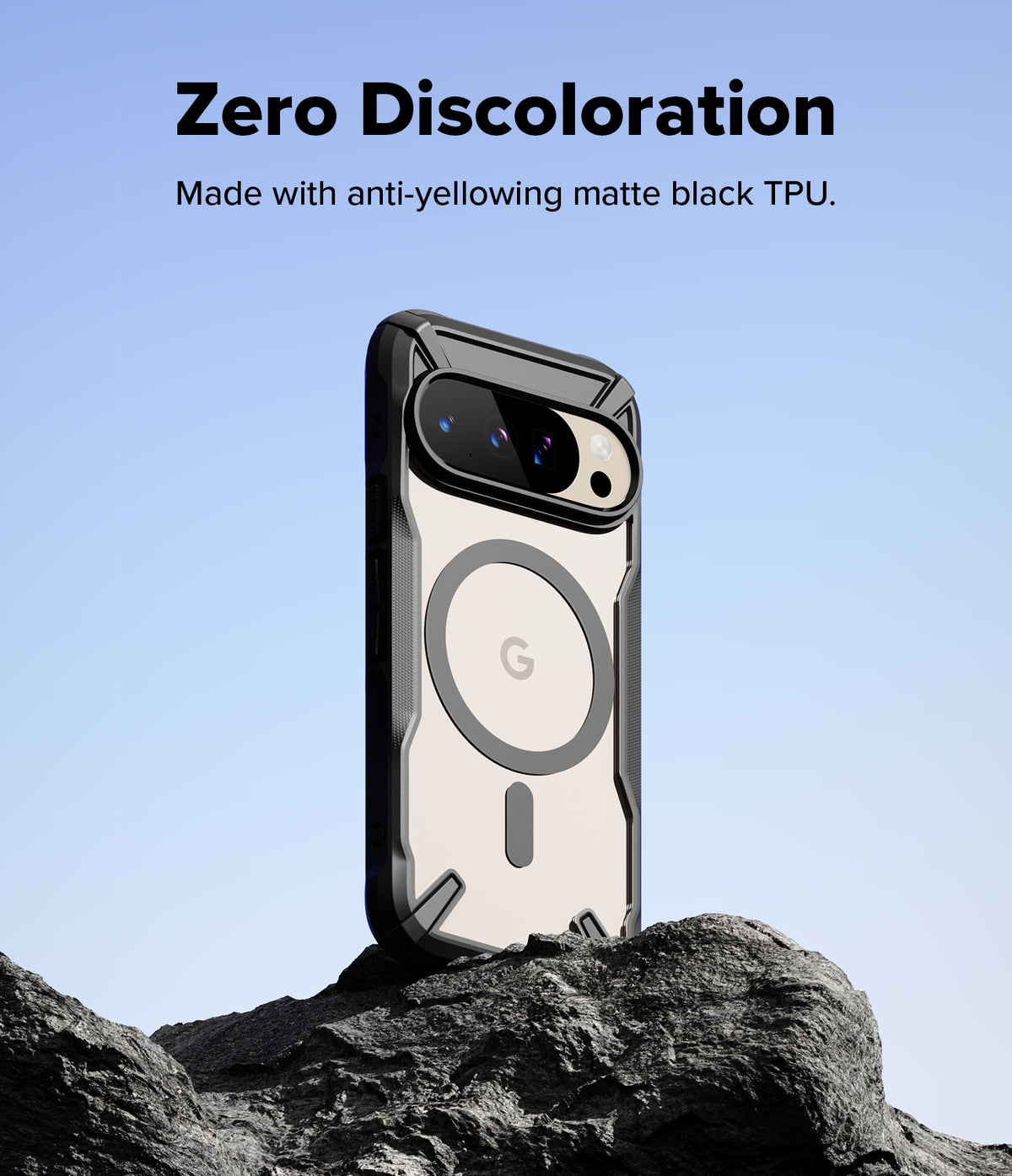 Google Pixel 10 Pro / 10 Case | Fusion-X Magnetic - Matte black protective case with magnetic ring on a rock.