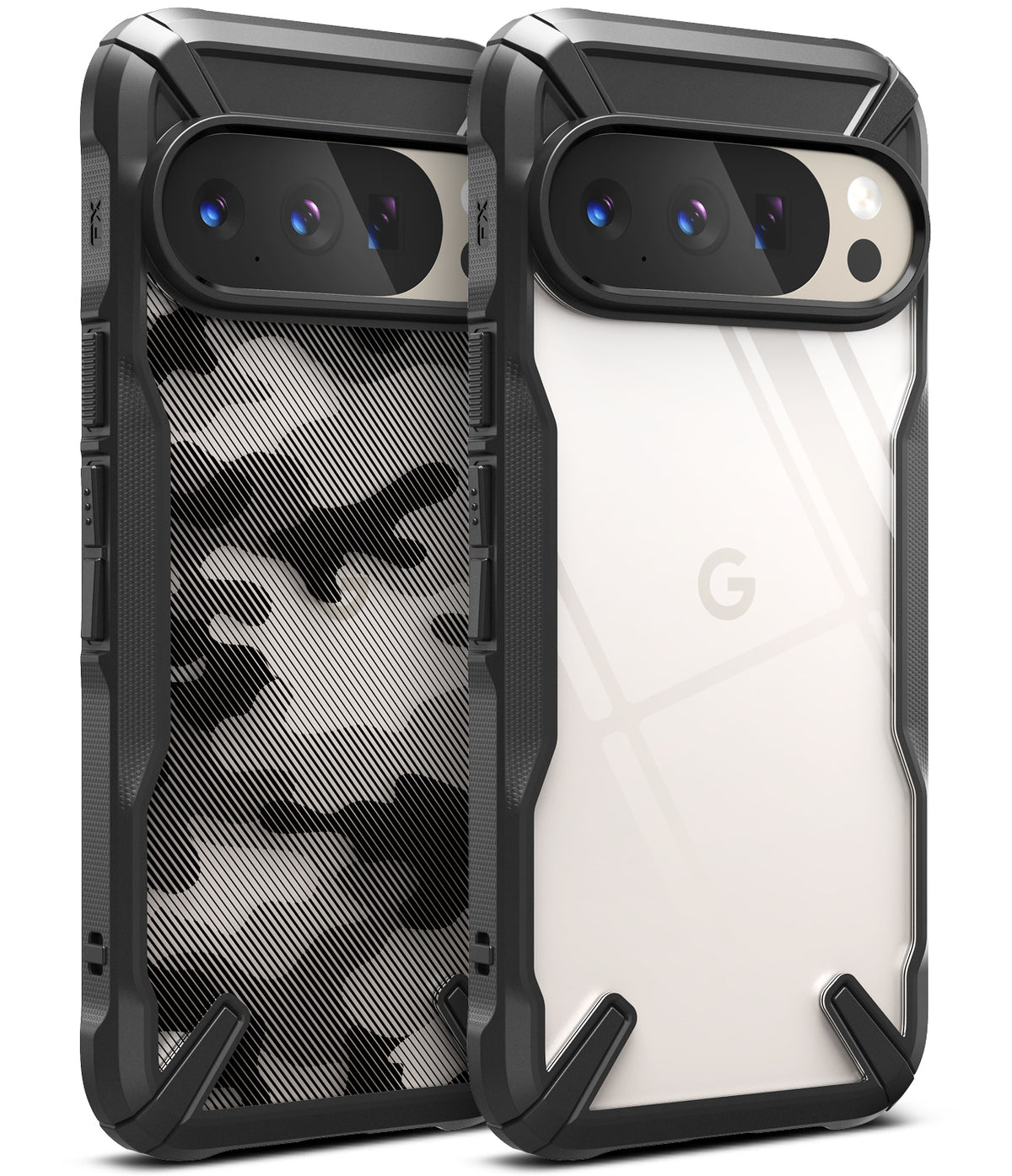Google Pixel 10 Pro / 10 Case | Fusion-X - Two rugged black phone cases, one with camo pattern and one clear, showing camera bars.