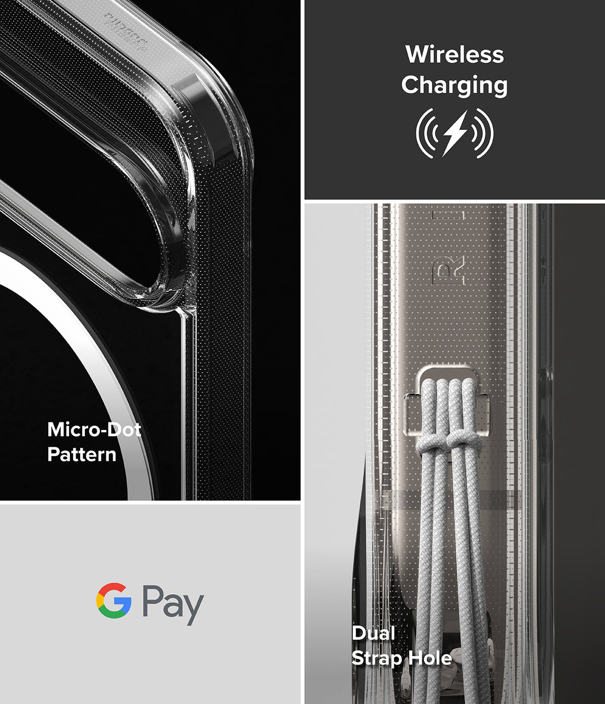 Google Pixel 10 Pro / 10 Case | Fusion Magnetic - Clear phone case showing micro-dot pattern, wireless charging, and dual strap holes.