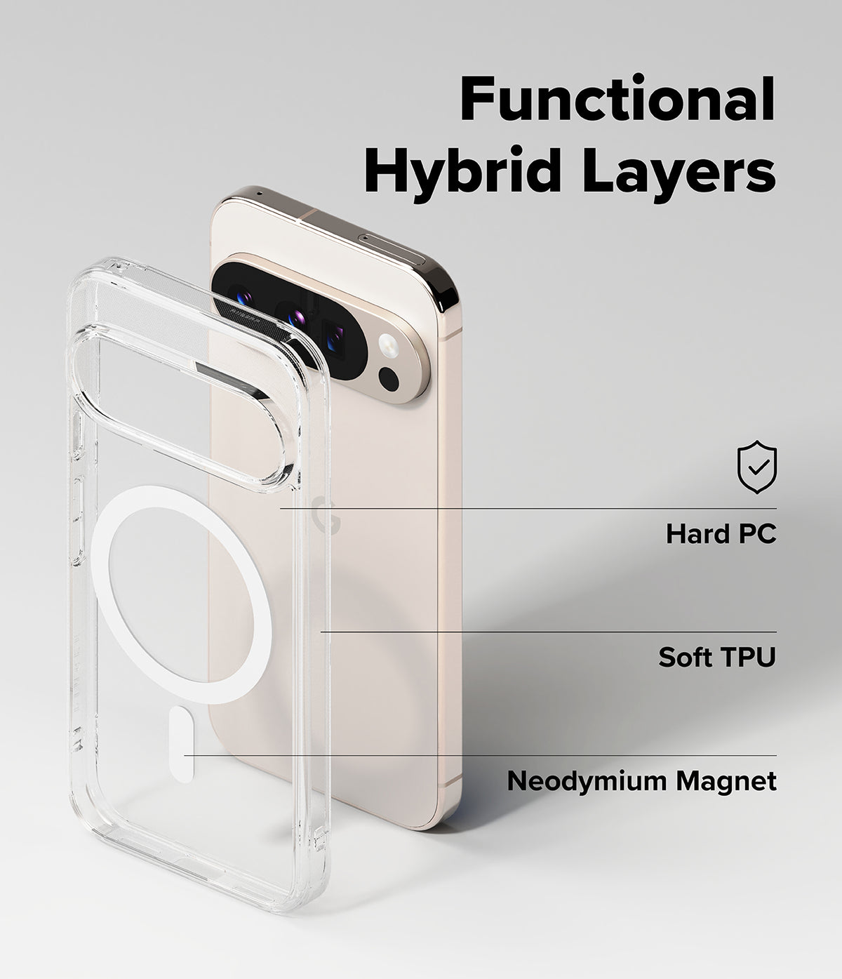 Google Pixel 10 Pro / 10 Case | Fusion Magnetic - Exploded view of a clear phone case showing hard PC, soft TPU, and magnet.