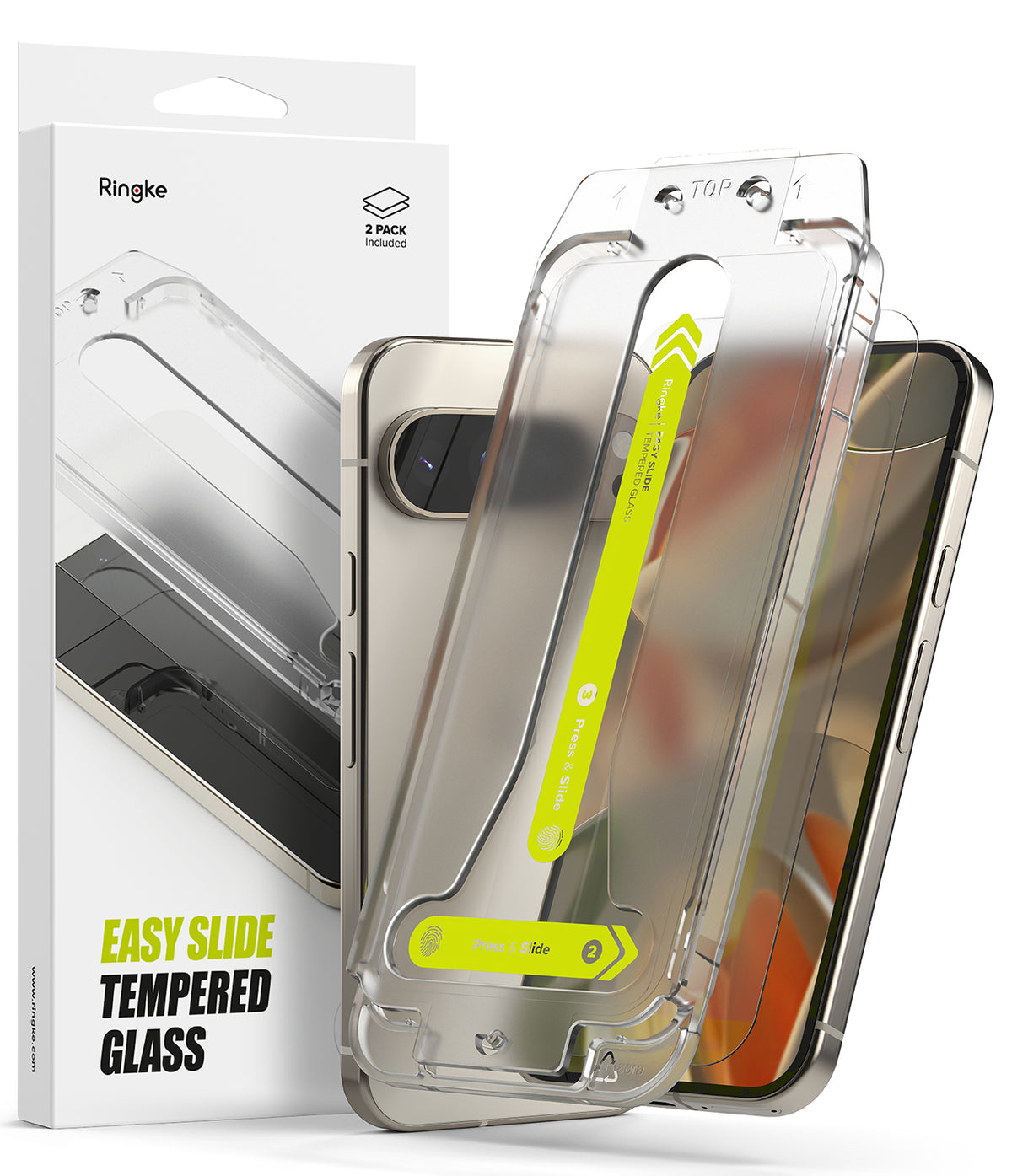 Google Pixel 10 Case | Onyx - Ringke tempered glass screen protector with an easy-slide installation tool for a smartphone.
