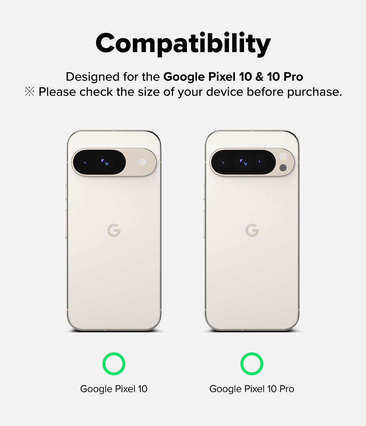 Google Pixel 10 Pro / 10 Screen Protector | Easy Slide Tempered Glass - Compatibility chart showing Google Pixel 10 and 10 Pro phones side-by-side.