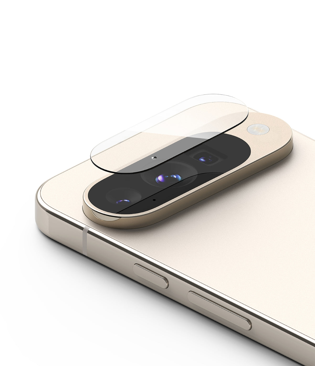 Google Pixel 10 | Camera Glass - A clear glass lens protector hovering above the triple-camera module of a gold smartphone.