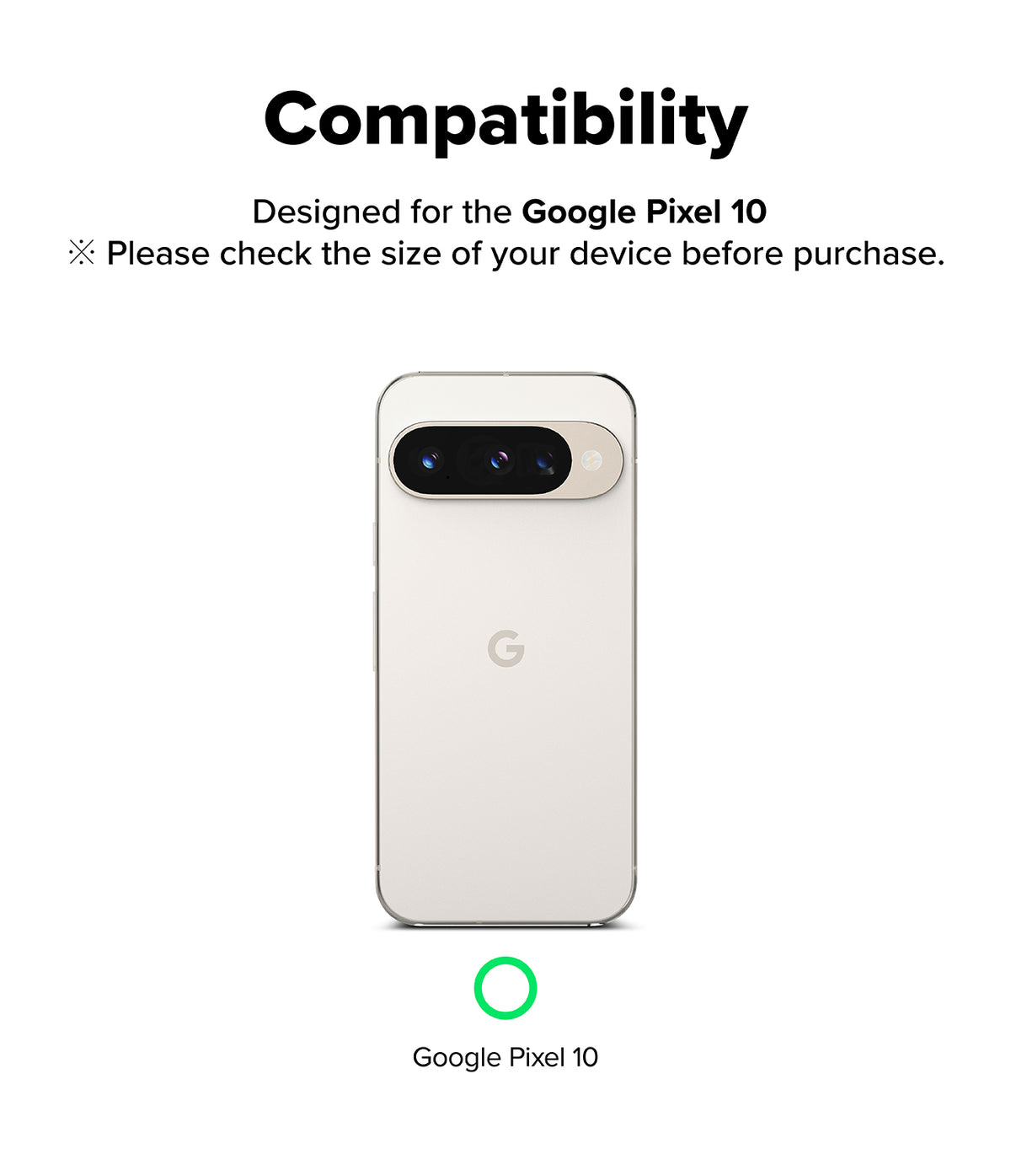 Google Pixel 10 | Camera Glass - Compatibility graphic showing a beige Google Pixel 10 phone with a green checkmark.