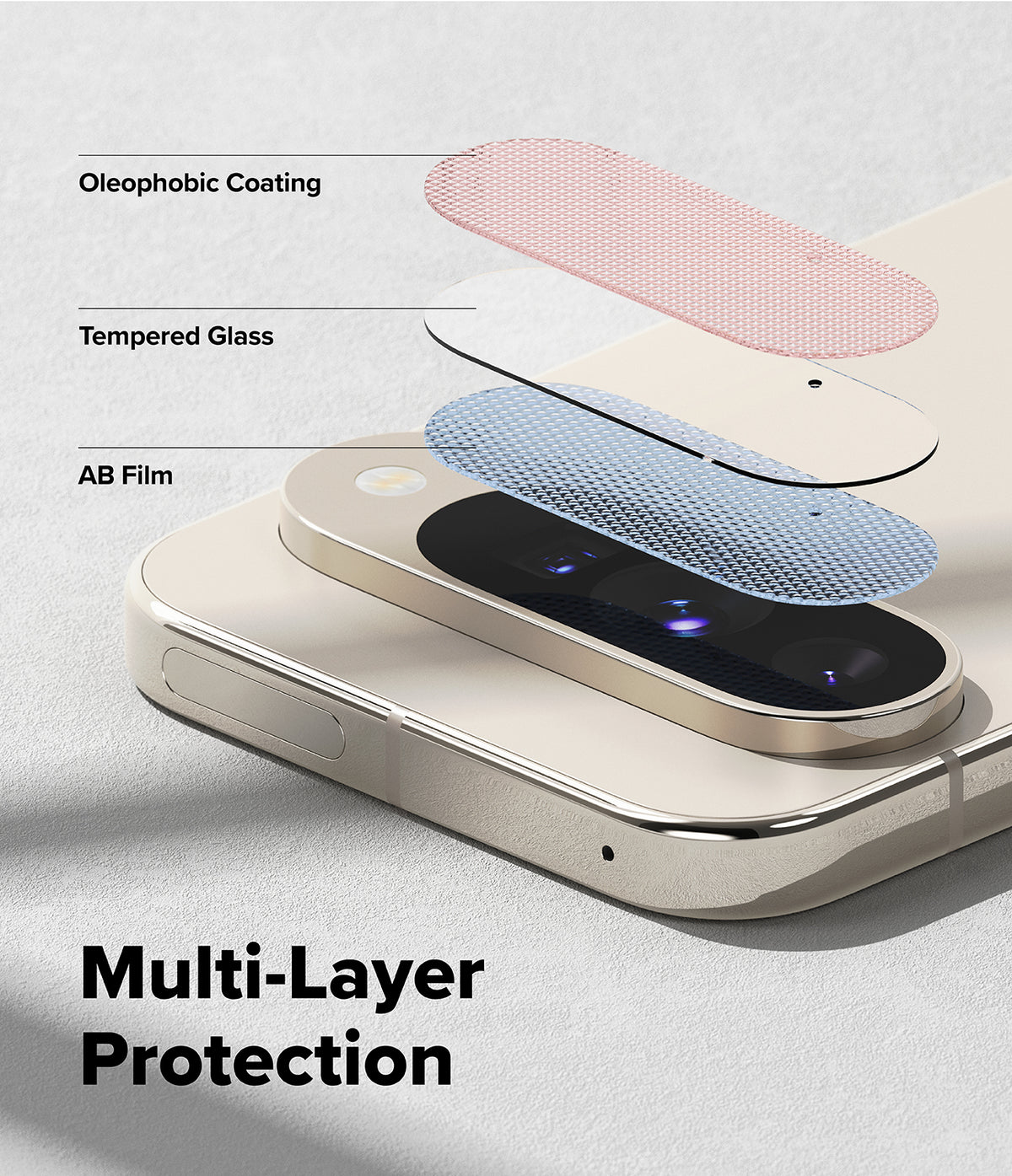 Google Pixel 10 | Camera Glass - Exploded view showing oleophobic coating, tempered glass, and AB film layers for camera.