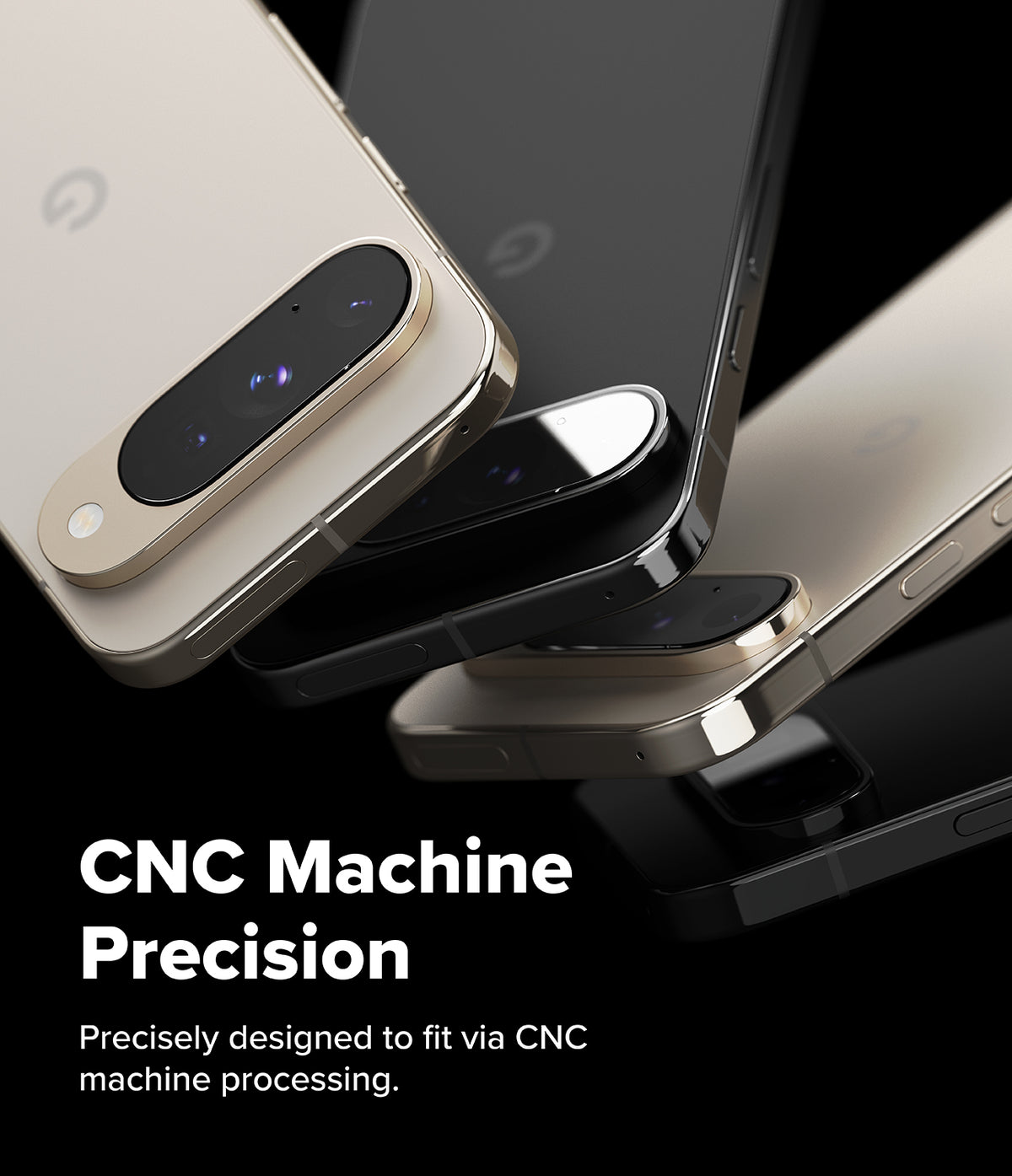 Google Pixel 10 | Camera Glass - Stacked gold and black smartphones highlighting precise camera lens glass fit.