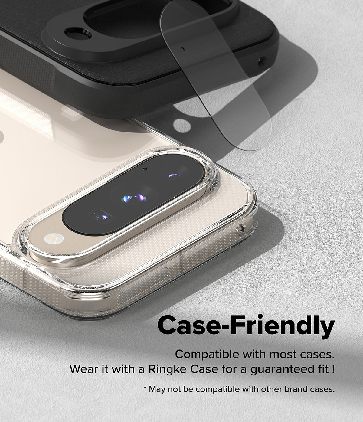 Google Pixel 10 | Camera Glass - Clear camera lens protector hovering above a Google Pixel 10 phone inside a clear case.