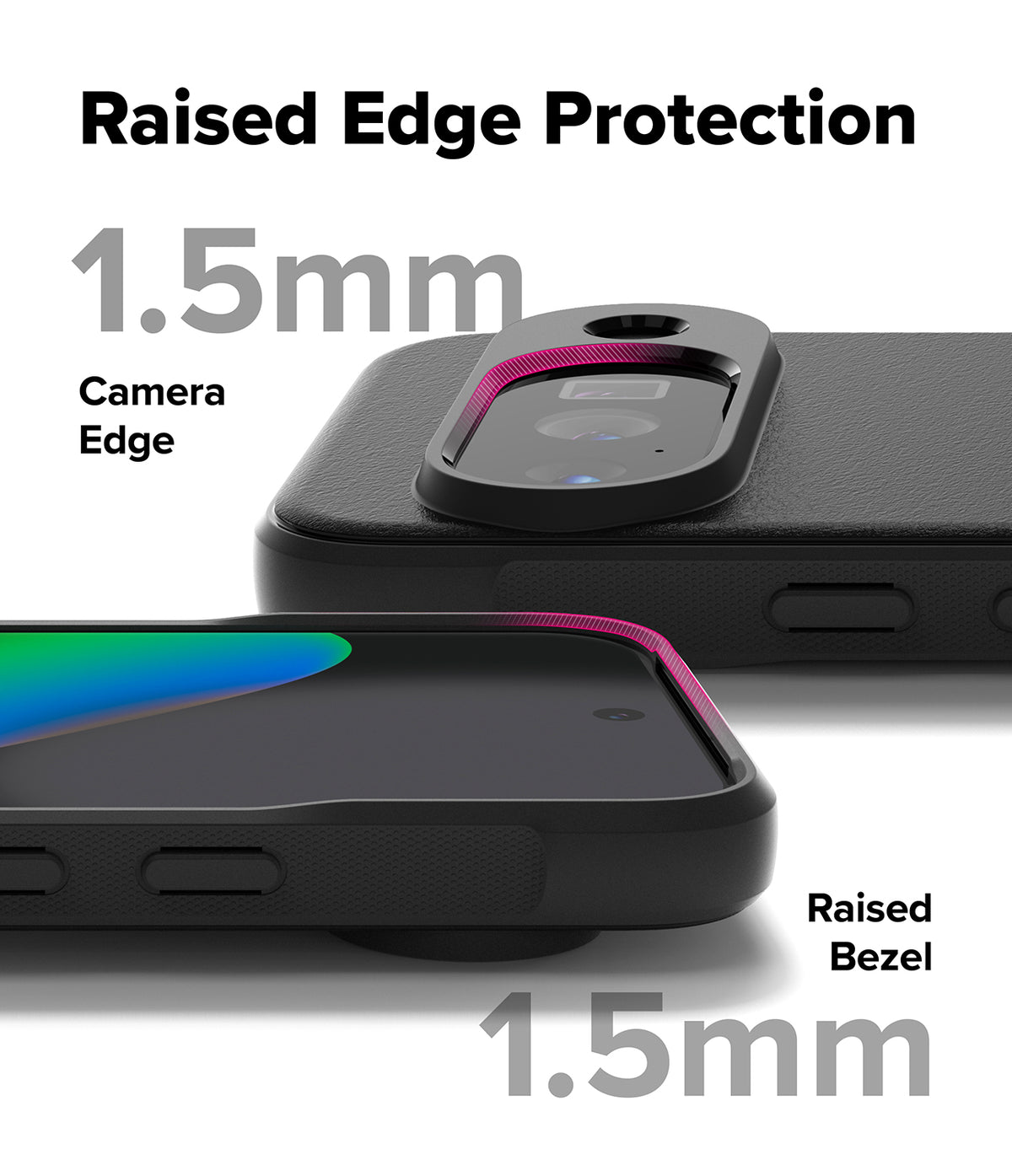 Google Pixel 10 Case | Onyx - Close-up of black phone case showing 1.5mm raised camera edge and screen bezel protection.