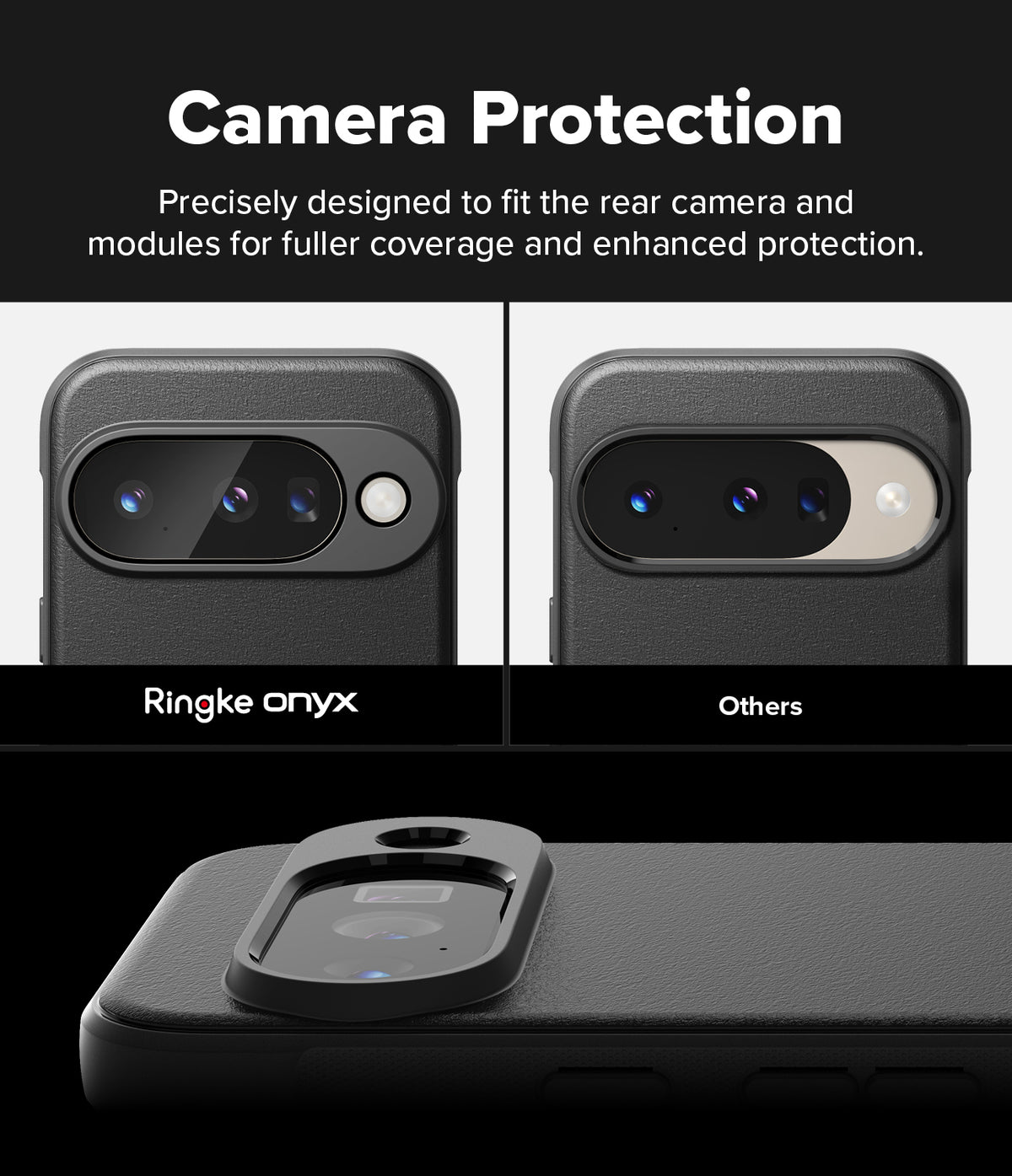 Google Pixel 10 Case | Onyx - Comparison showing Ringke Onyx camera coverage versus others with a raised protective bezel.