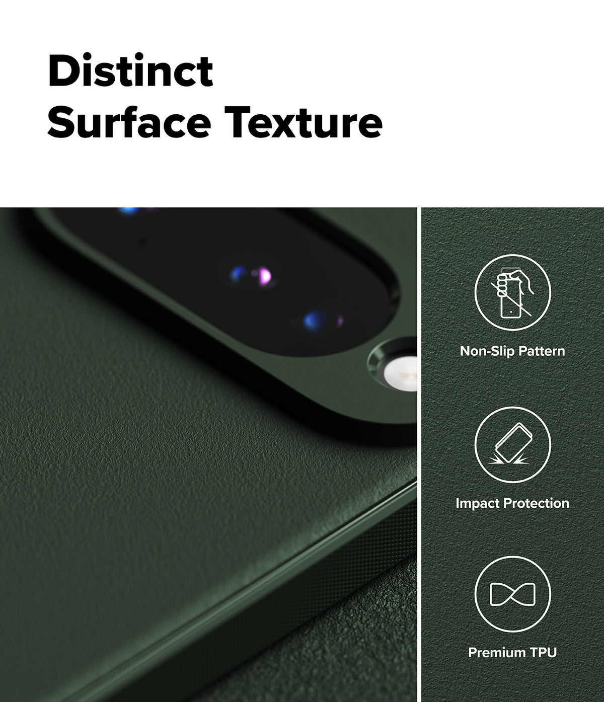 Google Pixel 10 Case | Onyx - Close-up of dark green phone case texture with icons for non-slip, impact protection, and TPU material.