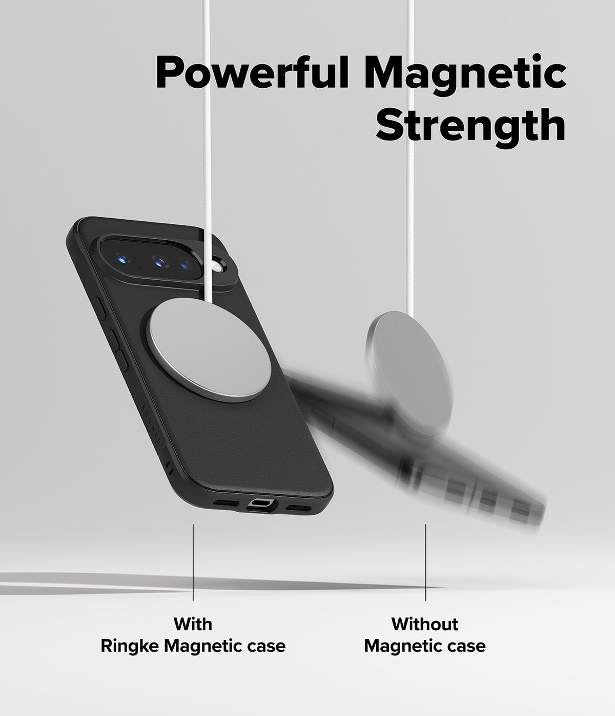 Google Pixel 10 Case | Onyx Magnetic - A magnetic charger holds a Pixel 10 case securely while a phone without one falls.
