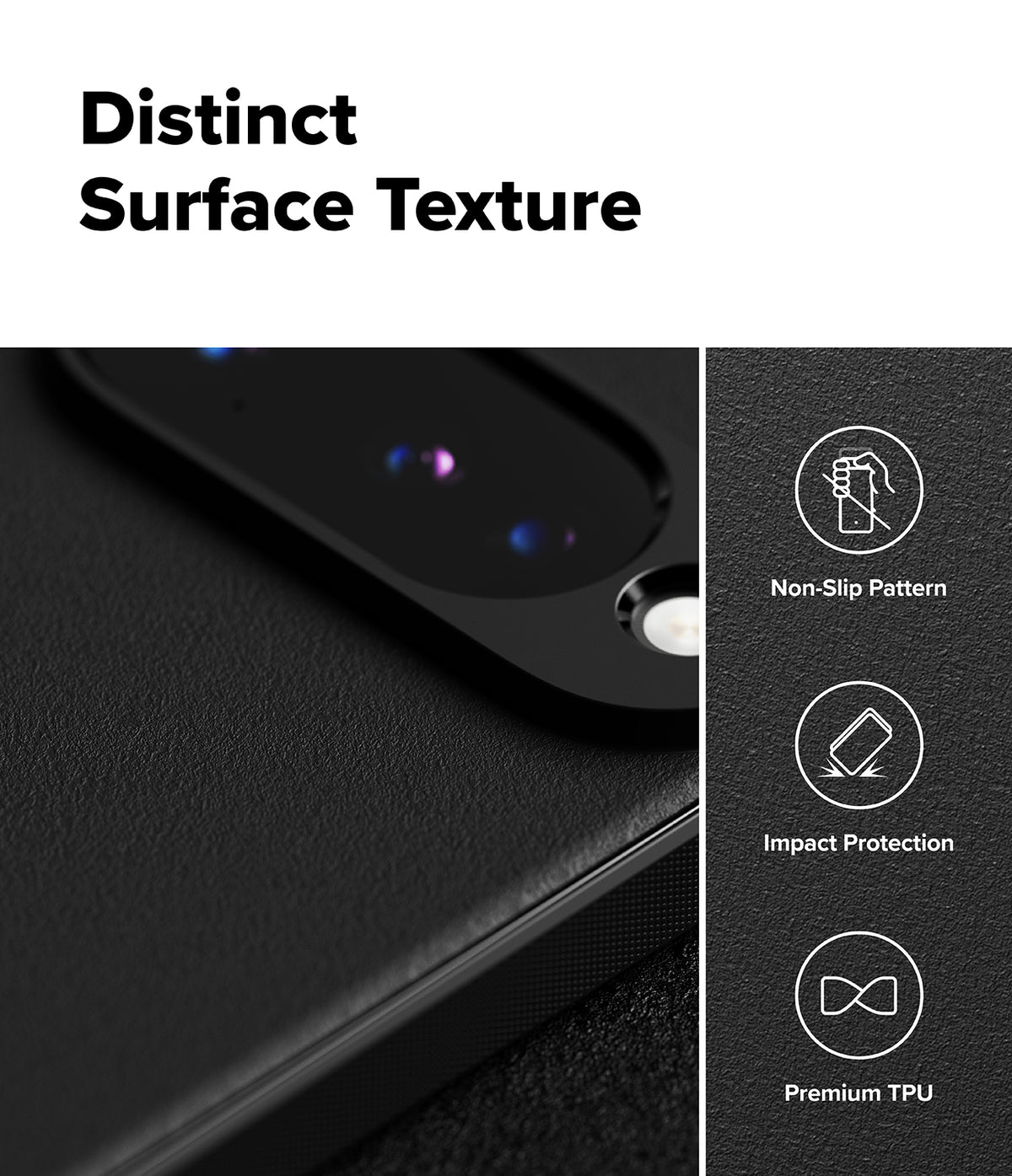 Google Pixel 10 Case | Onyx Magnetic - Close-up of textured black phone case with icons for non-slip, impact protection, and TPU.