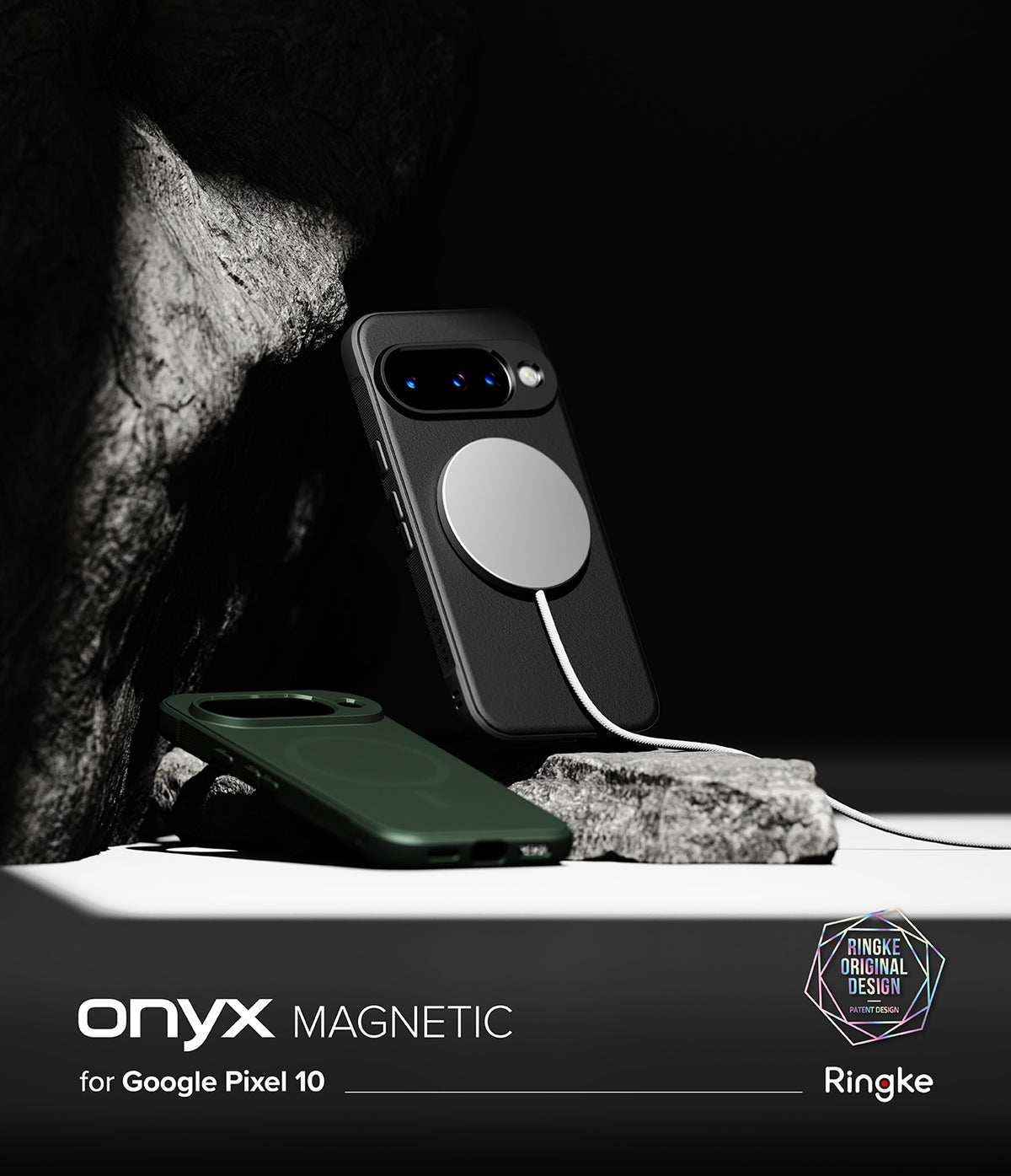 Google Pixel 10 Case | Onyx Magnetic - Black and green magnetic phone cases displayed against dark, textured stone.