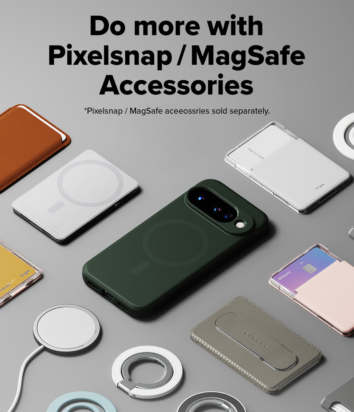 Google Pixel 10 Case | Onyx Magnetic - Dark green phone case surrounded by various magnetic wallets, chargers, and rings on a gray background.