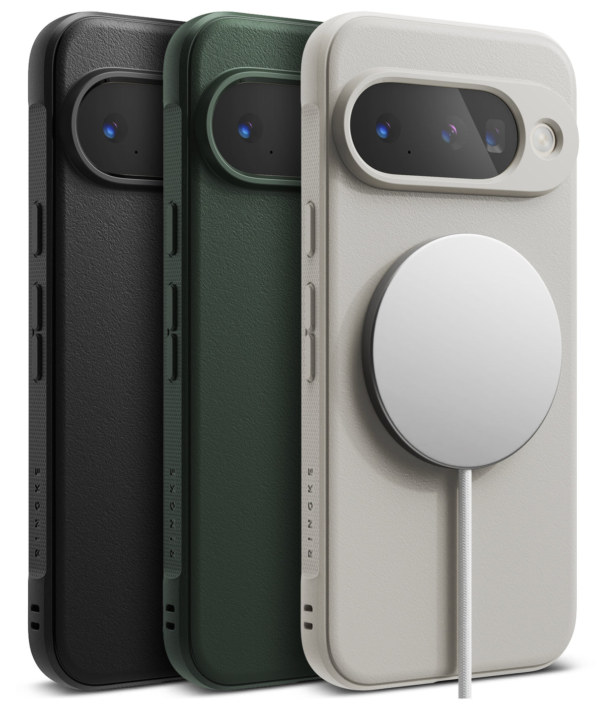 Google Pixel 10 Case | Onyx Magnetic - Three textured phone cases in black, green, and beige with a magnetic charger attached.