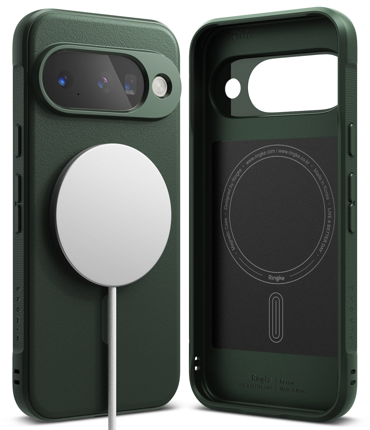 Google Pixel 10 Case | Onyx Magnetic - Dark green phone case shown from back with magnetic charger and interior view.