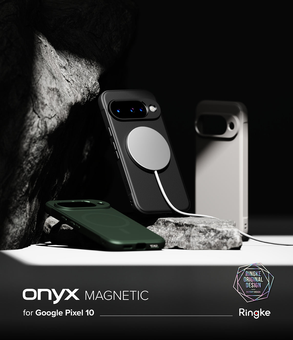 Google Pixel 10 Case | Onyx Magnetic - Three Onyx magnetic cases for Google Pixel 10 displayed on rocks with a charger.