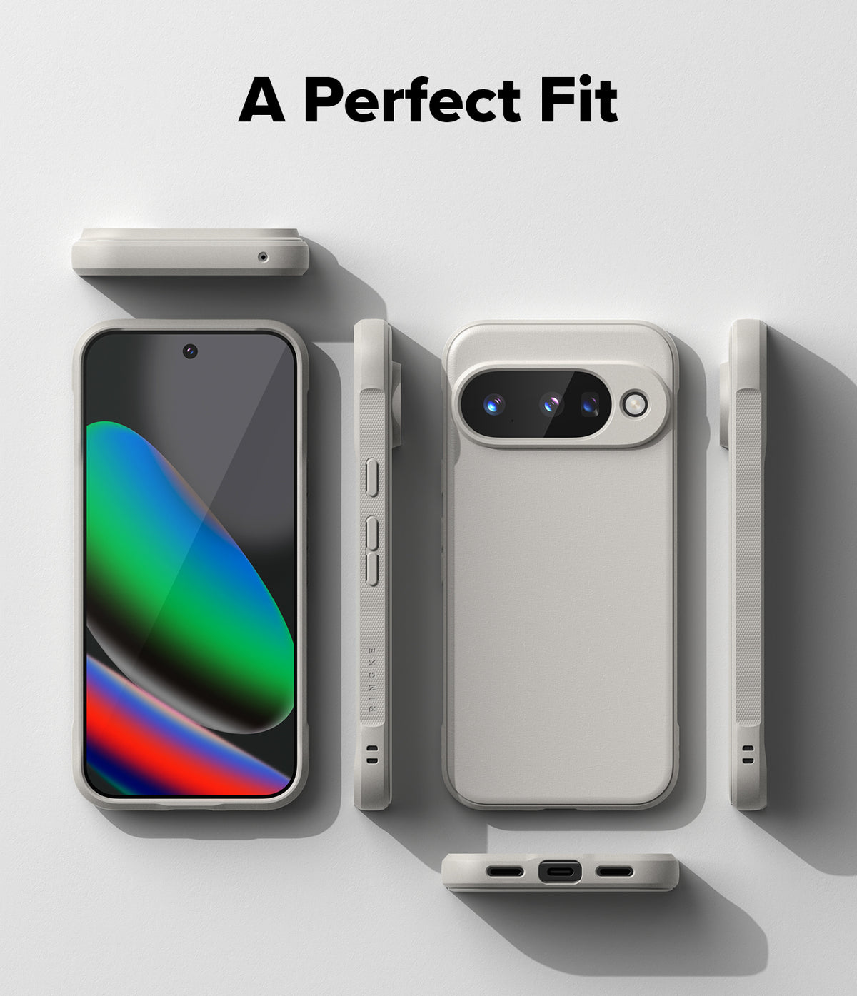 Google Pixel 10 Case | Onyx Magnetic - Gray phone case shown from front, back, and side angles on a white background.