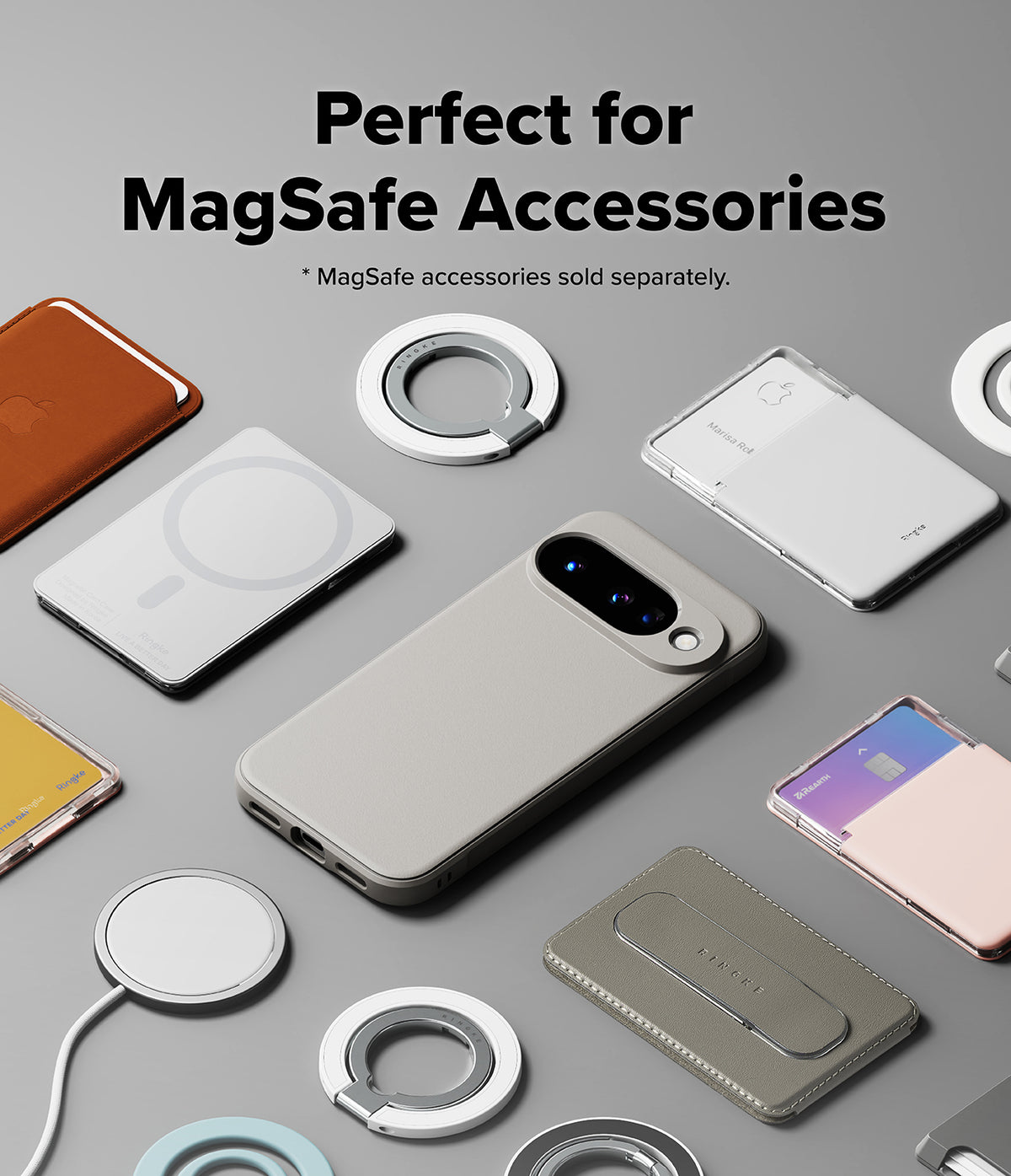 Google Pixel 10 Case | Onyx Magnetic - Gray phone case surrounded by various MagSafe chargers, wallets, and ring holders.