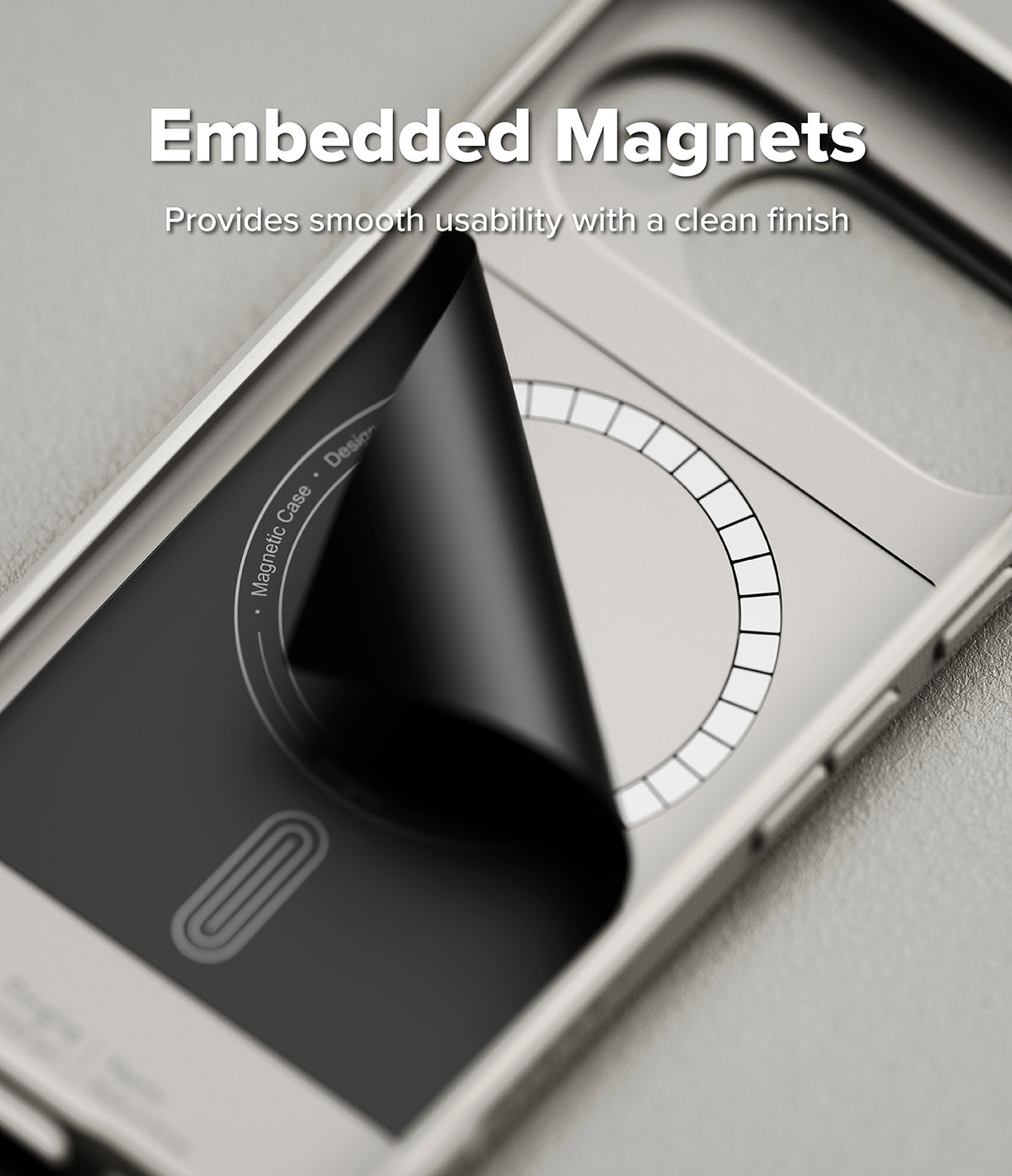 Google Pixel 10 Case | Onyx Magnetic - Interior of a phone case showing a circular magnetic ring under a peeling layer.