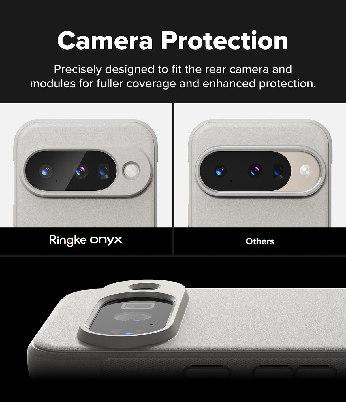 Google Pixel 10 Case | Onyx Magnetic - Comparison showing superior camera module coverage by Ringke Onyx versus others.