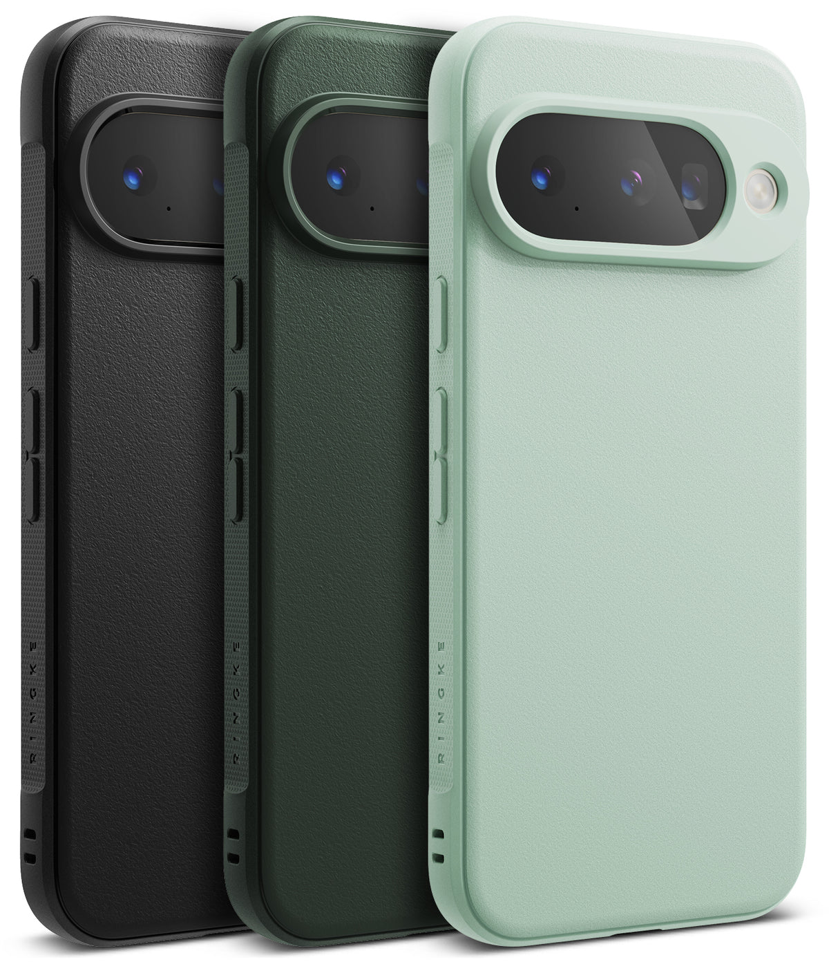 Google Pixel 10 Case | Onyx - Three Google Pixel 10 cases in black, dark green, and light green standing side-by-side.
