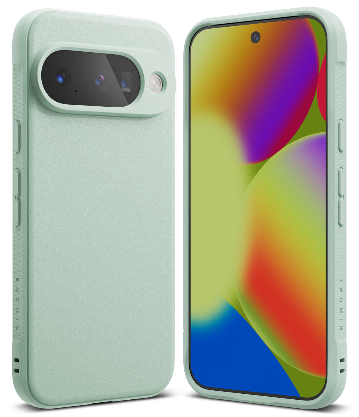 Google Pixel 10 Case | Onyx - Light green phone case shown from back and front, featuring a raised camera bar and textured sides.