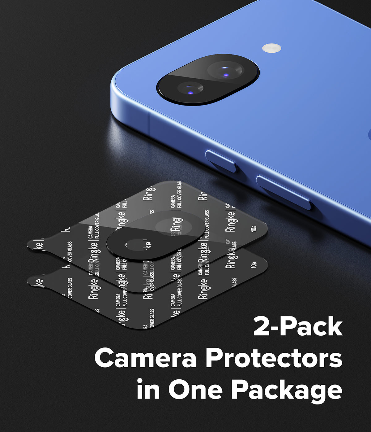 Google Pixel 10a | Camera Glass - Two black camera lens protectors stacked in front of a blue Google Pixel 10a smartphone.