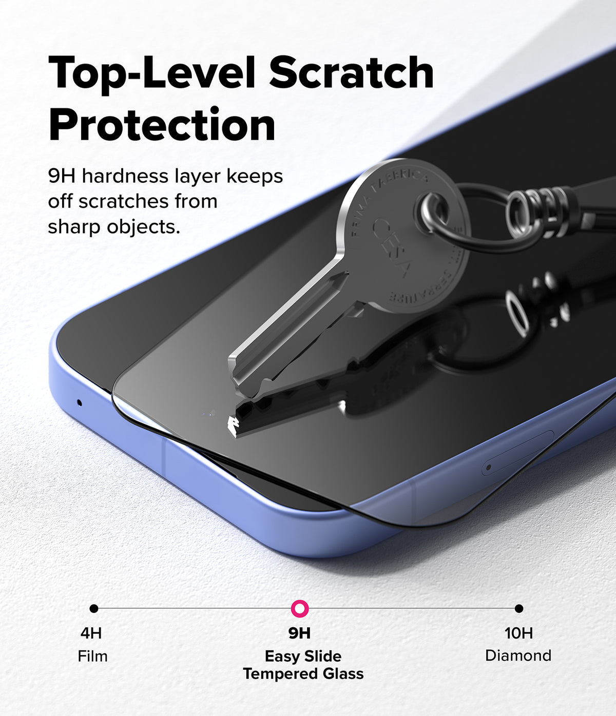 Google Pixel 10a Screen Protector | Easy Slide Tempered Glass - Smartphone with tempered glass screen protector and key on a white background, highlighting scratch protection.