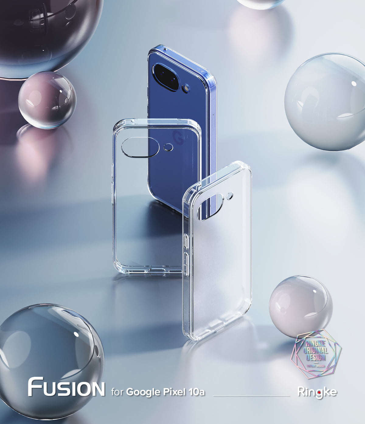 Google Pixel 10a Case | Fusion - Two clear phone cases displayed with a blue smartphone against a reflective surface.