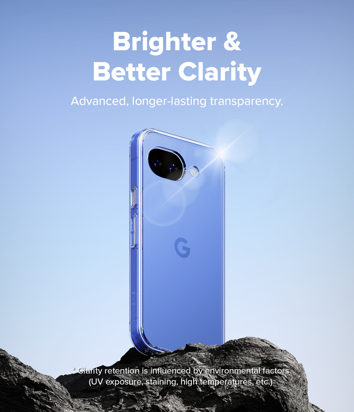 Google Pixel 10a Case | Fusion - Clear phone case on a rock against a blue sky with text highlighting long-lasting clarity.