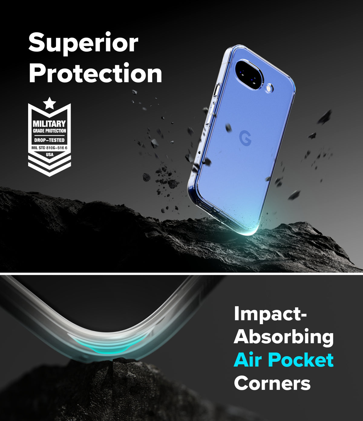 Google Pixel 10a Case | Fusion - Clear phone case floating above rocky terrain with military-grade protection and air-pocket corners.