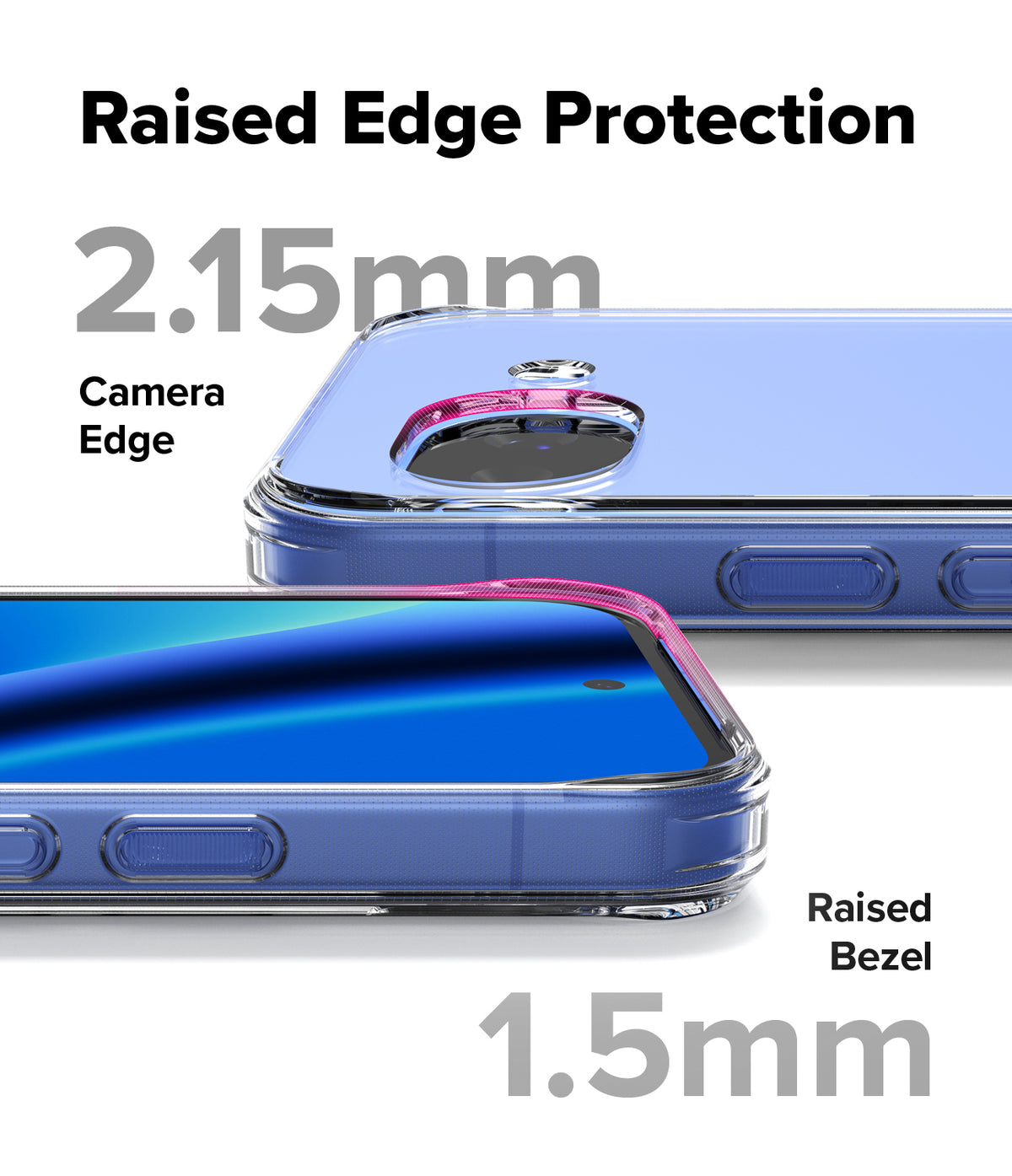 Google Pixel 10a Case | Fusion - Clear phone case showing 2.15mm camera edge and 1.5mm screen bezel protection.