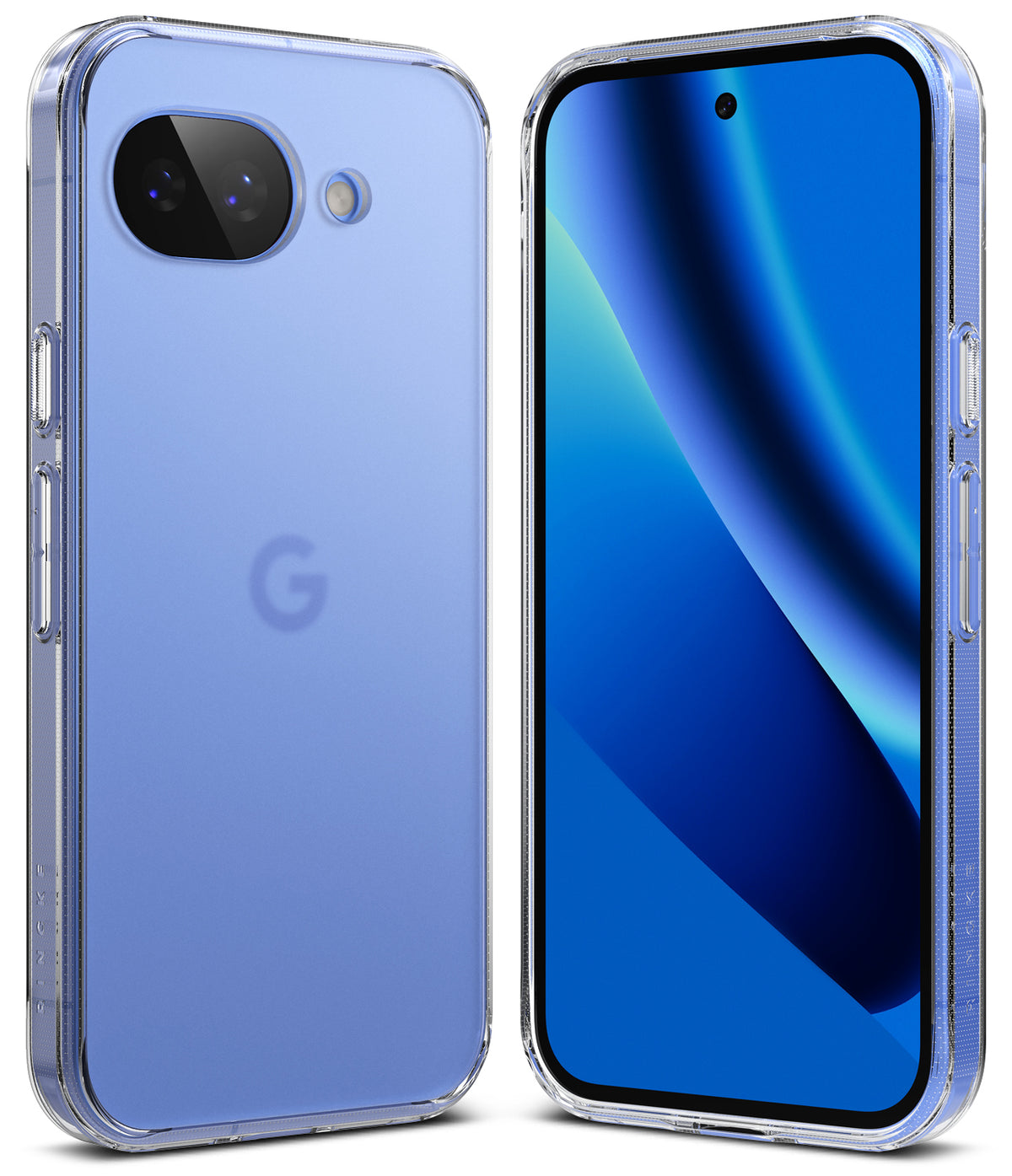 Google Pixel 10a Case | Fusion Matte - Front and back views of a blue smartphone in a clear, matte protective case.