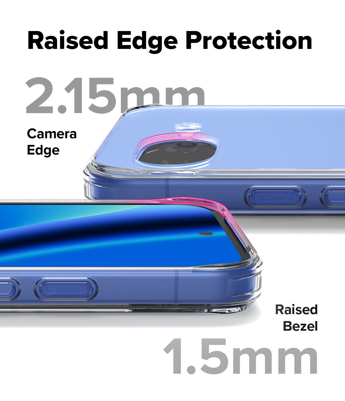 Google Pixel 10a Case | Fusion Matte - Close-up of phone case showing 2.15mm raised camera edge and 1.5mm raised screen bezel.