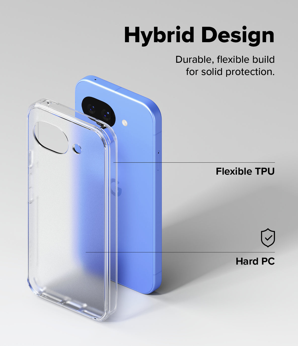 Google Pixel 10a Case | Fusion Matte - Clear hybrid phone case with flexible TPU edges and a hard PC back next to a blue phone.