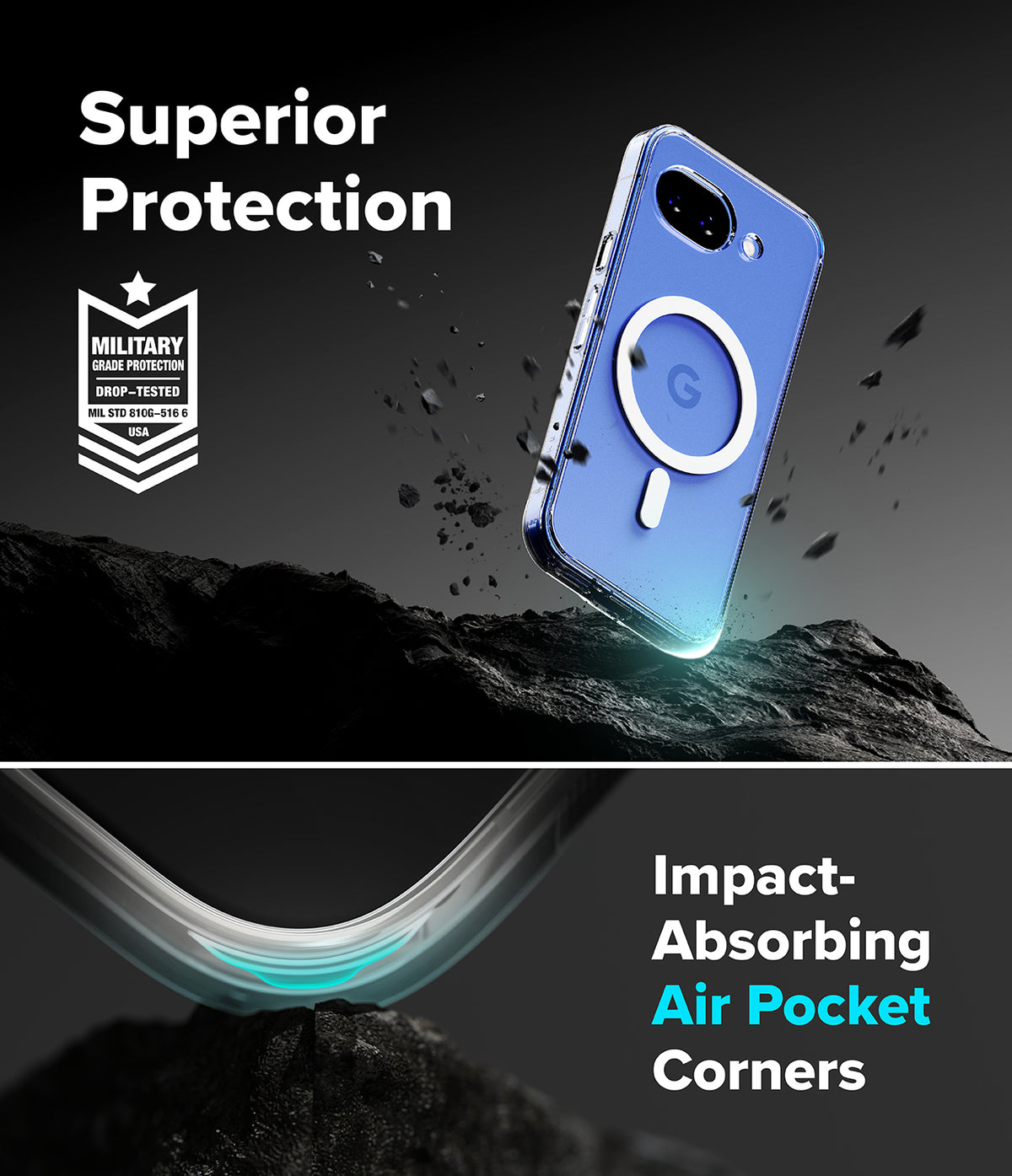 Google Pixel 10a Case | Fusion Magnetic - Clear magnetic phone case floating above rocky terrain with air pocket corners.
