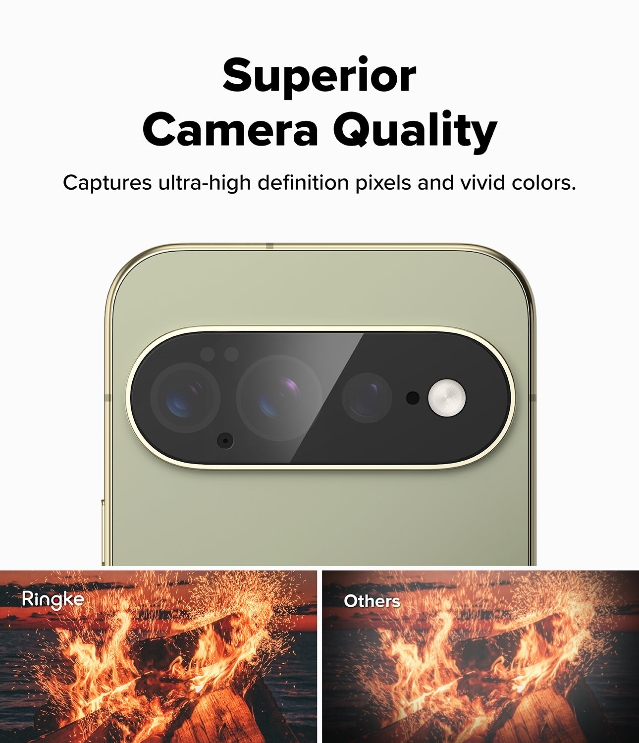 Pixel 11 Pro XL Camera Protector | Camera Full Cover Tempered Glass (2 Pack) - A promotional graphic for a smartphone camera feature, showing a close-up of a phone back with a large black camera module on a pale green device body. Text at the top reads 'Superior Camera Quality' with smaller copy about capturing ultra-high definition pixels and vivid colors.