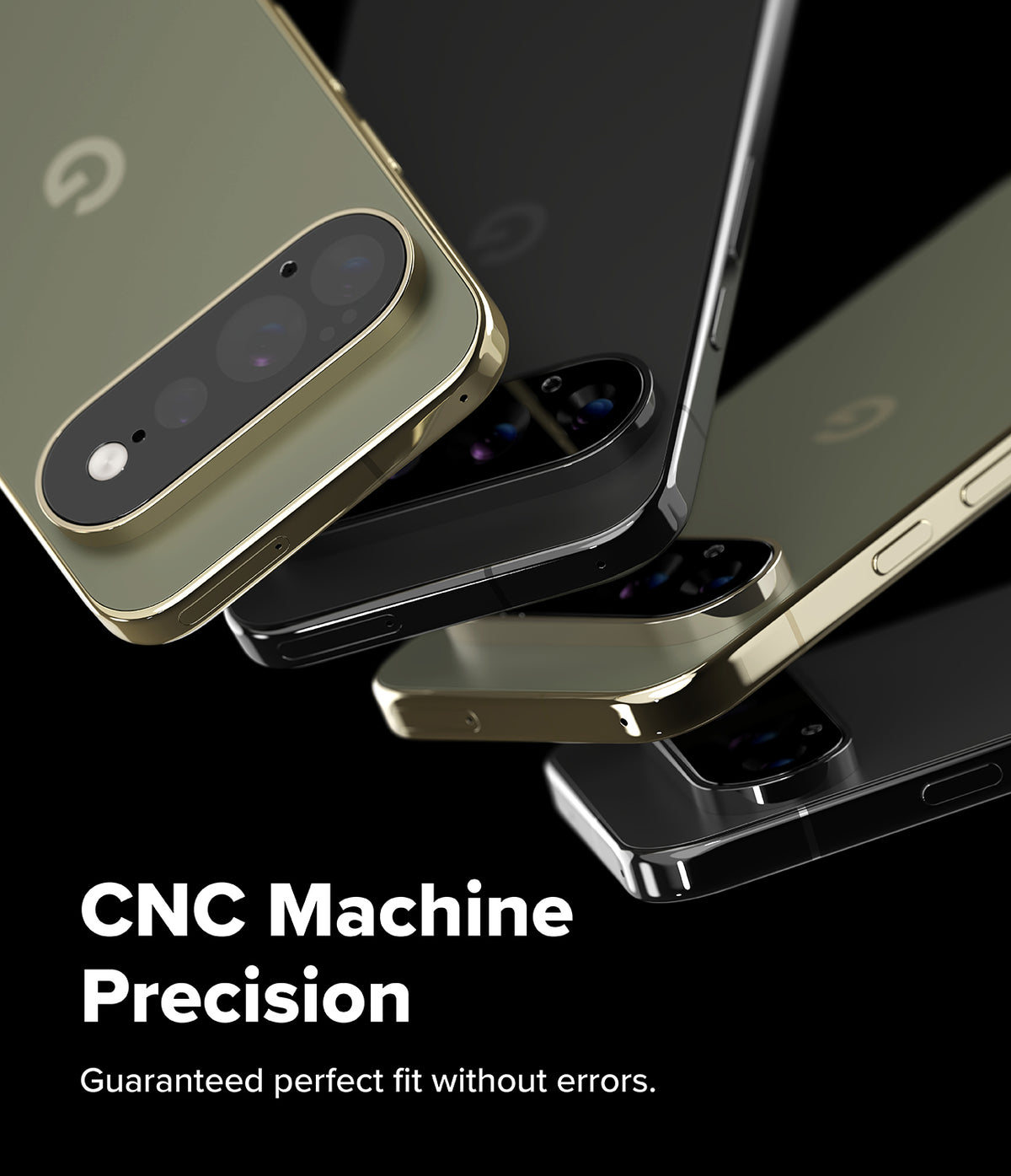 Pixel 11 Pro XL Camera Protector | Camera Full Cover Tempered Glass (2 Pack) - Three smartphones shown at an angle on a black background, with large camera cutouts and a brushed metallic finish. White text at the bottom reads 'CNC Machine Precision' and 'Guaranteed perfect fit without errors.
