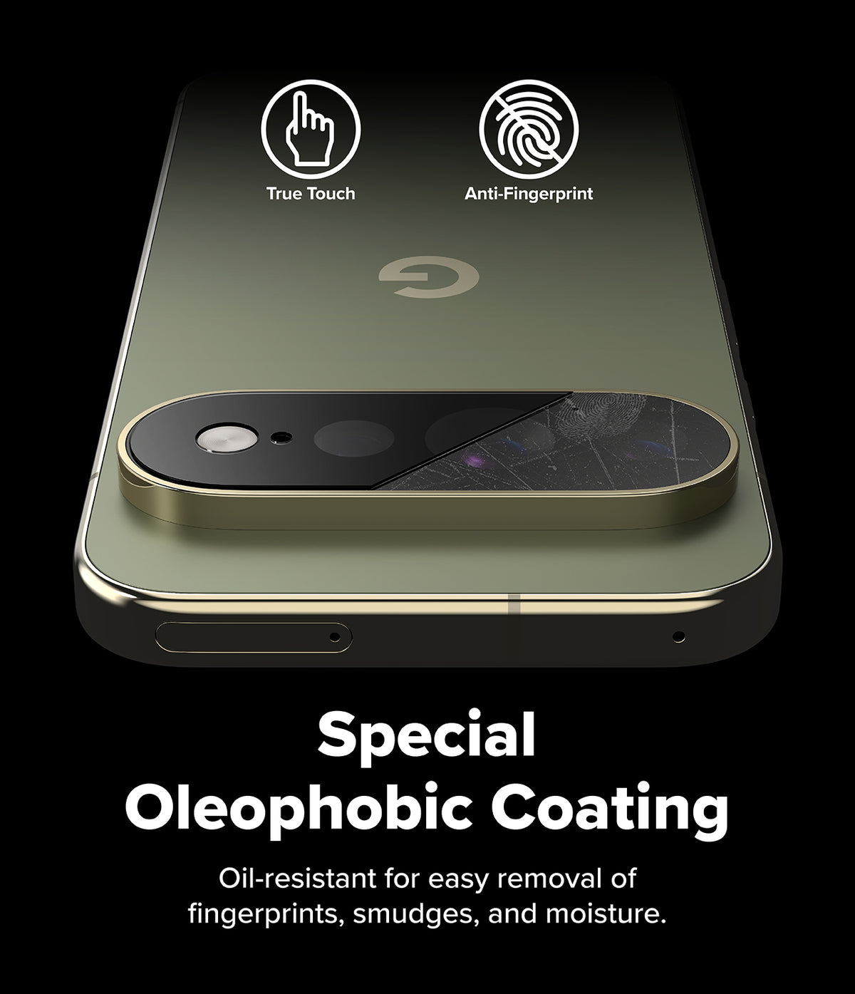 Pixel 11 Pro XL Camera Protector | Camera Full Cover Tempered Glass (2 Pack) - An olive green smartphone shown from the back on a black background, with a glossy black camera-ring area and marketing text reading 'Special Oleophobic Coating' and 'Oil-resistant for easy removal of fingerprints, smudges, and moisture.' Two icons at the top say 'True Touch' and 'Anti-Fingerprint.
