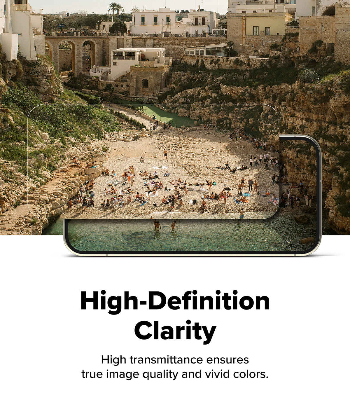 Pixel 11 Pro XL Screen Protector | Easy Slide Privacy Tempered Glass (2 Pack) - A smartphone frame is shown over a beach scene with people, with text below reading 'High-Definition Clarity' and 'High transmittance ensures true image quality and vivid colors.'.