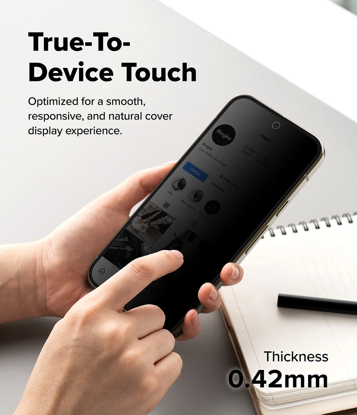 Pixel 11 Pro XL Screen Protector | Easy Slide Privacy Tempered Glass (2 Pack) - A person holds a smartphone with a black protective cover, demonstrating touch sensitivity. The image includes text overlays reading 'True-To-Device Touch' and 'Thickness 0.