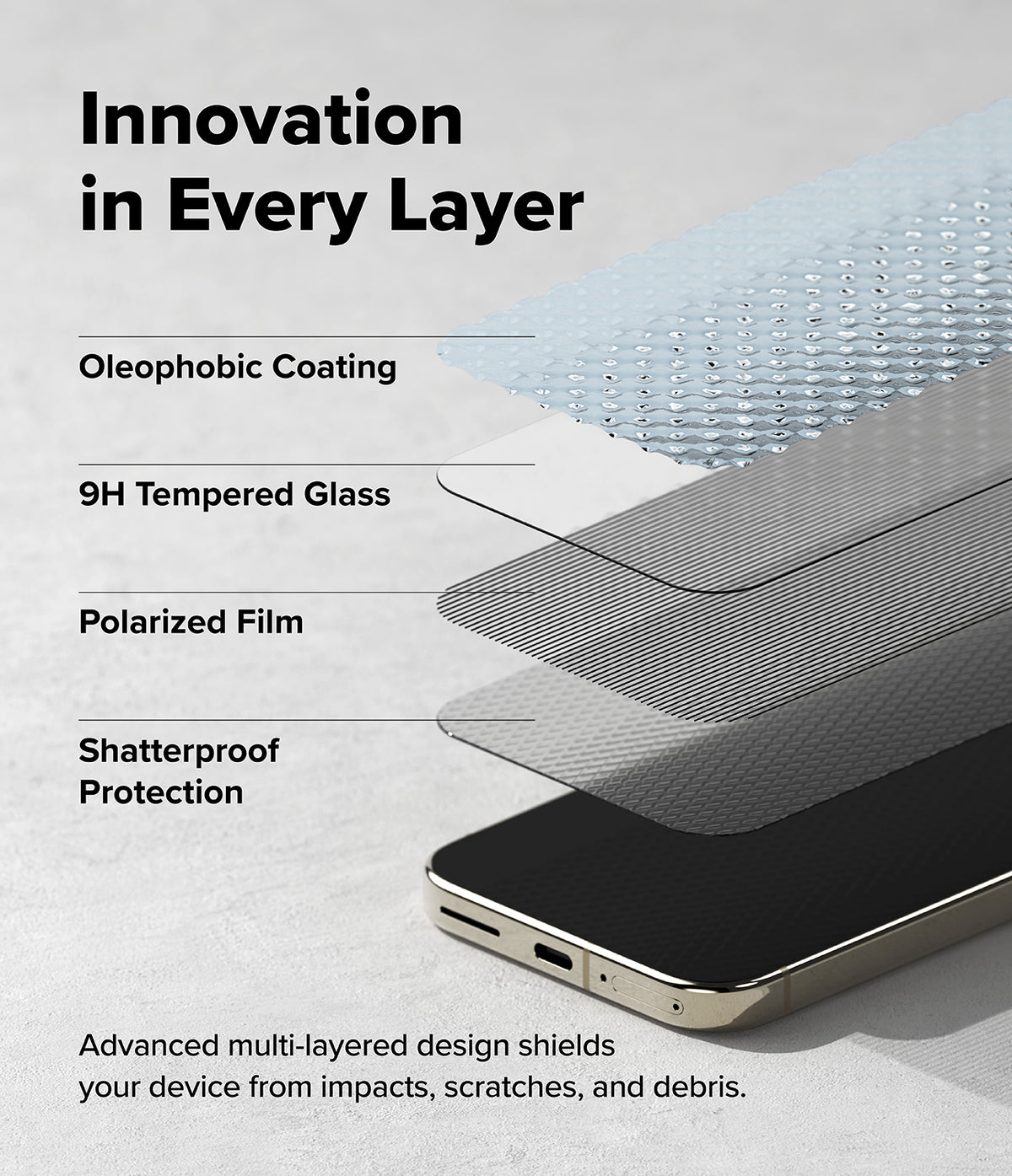 Pixel 11 Pro XL Screen Protector | Easy Slide Privacy Tempered Glass (2 Pack) - A smartphone layered diagram with text labels reading 'Oleophobic Coating,' '9H Tempered Glass,' 'Polarized Film,' and 'Shatterproof Protection,' under the headline 'Innovation in Every Layer.'.