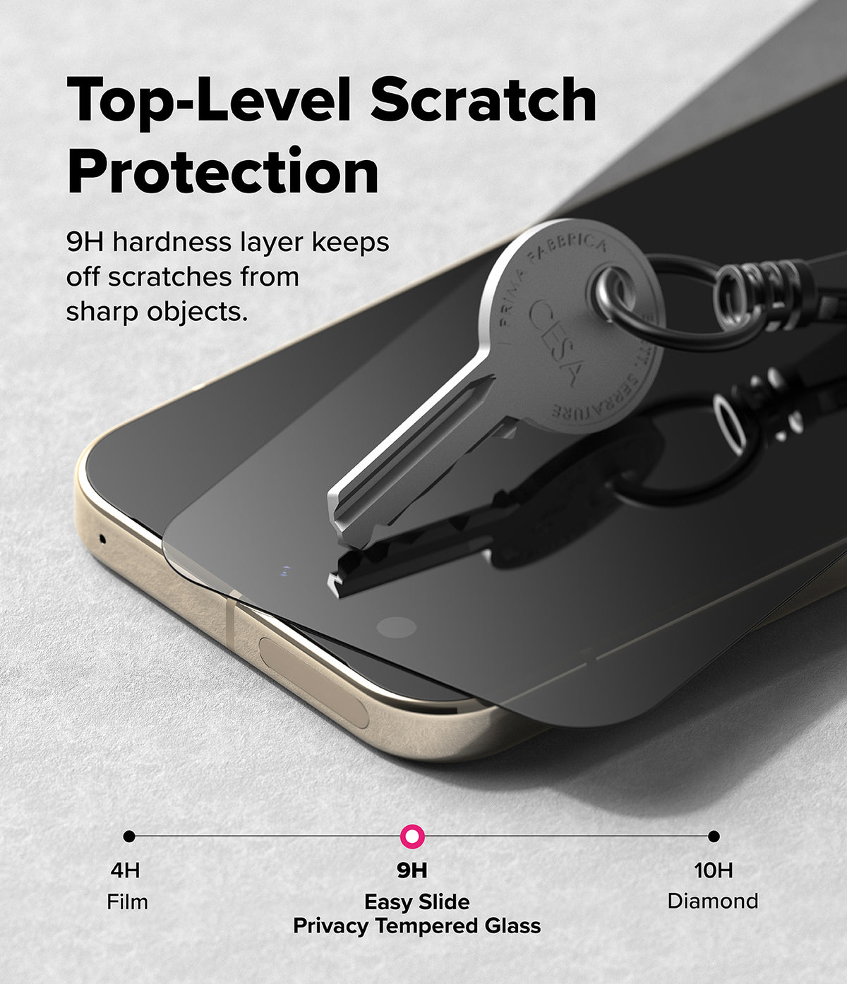 Pixel 11 Pro XL Screen Protector | Easy Slide Privacy Tempered Glass (2 Pack) - A close-up promotional graphic showing a smartphone with a dark tempered glass screen protector partially lifted by a metal key. Large text reads 'Top-Level Scratch Protection' and includes a hardness comparison line labeled 4H Film, 9H Easy Slide Privacy Tempered Glass, and 10H Diamond.