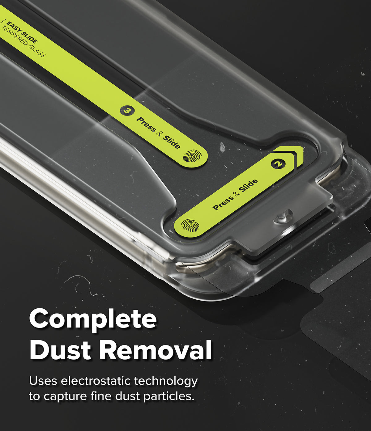Pixel 11 Pro XL Screen Protector | Easy Slide Tempered Glass (2 Pack) - Close-up of a transparent protective phone case with bright yellow-green instructional labels showing how to slide off the case. Large text at the bottom reads 'Complete Dust Removal' with smaller descriptive copy about electrostatic technology.
