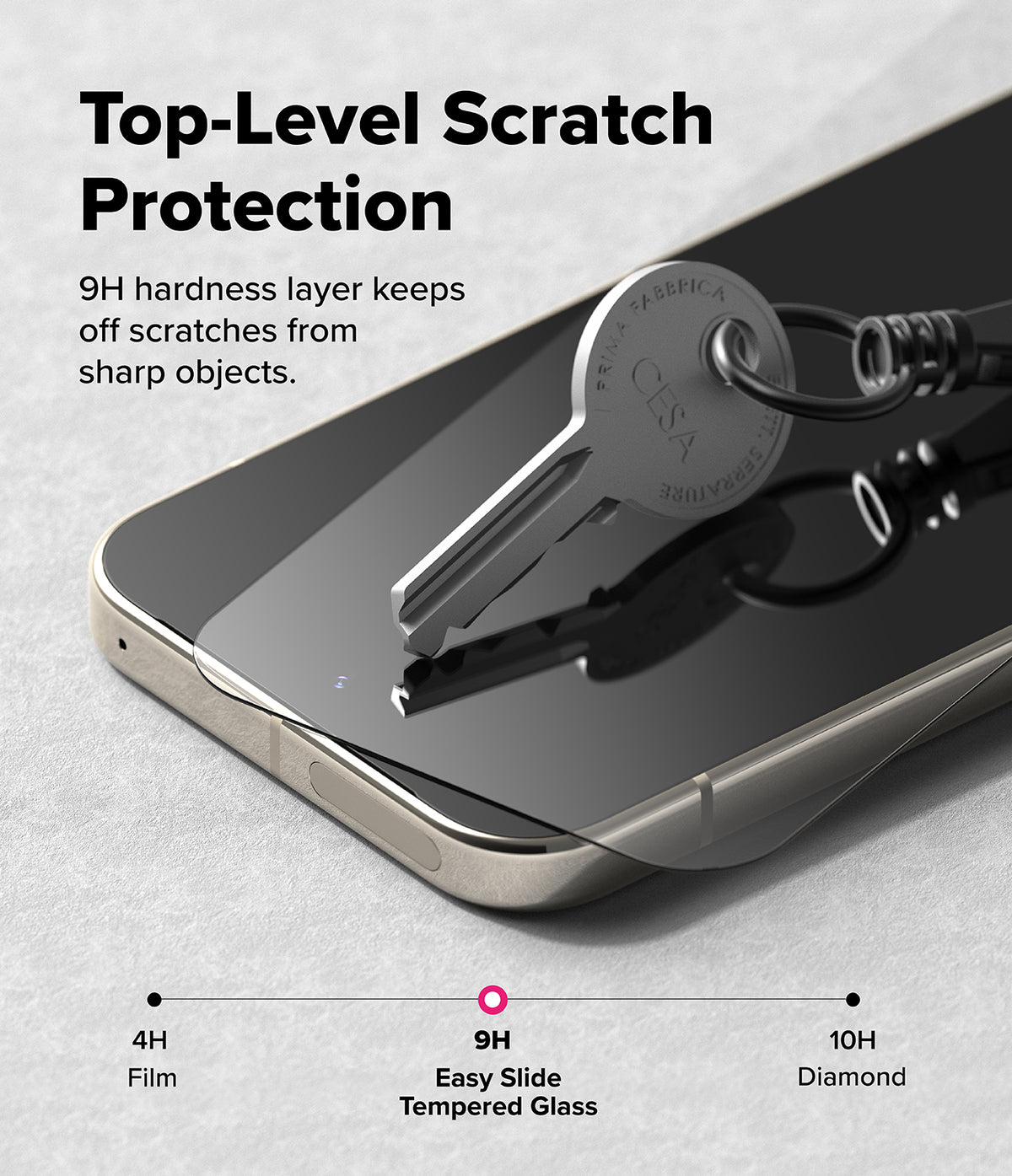 Pixel 11 Pro XL Screen Protector | Easy Slide Tempered Glass (2 Pack) - A smartphone with a clear tempered glass screen protector shown at an angle on a light gray surface, with a metal key resting on the screen to demonstrate scratch resistance. Large text reads 'Top-Level Scratch Protection' and smaller text explains the 9H hardness layer.