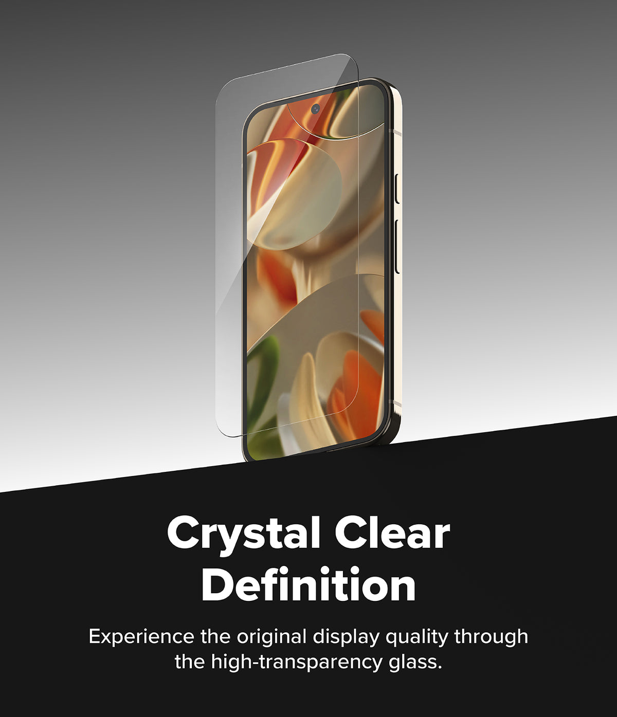 Pixel 11 Pro XL Screen Protector | Easy Slide Tempered Glass (2 Pack) - A transparent phone screen protector floating above a smartphone on a gray gradient background, with bold text at the bottom reading 'Crystal Clear Definition' and smaller descriptive copy about high-transparency glass.