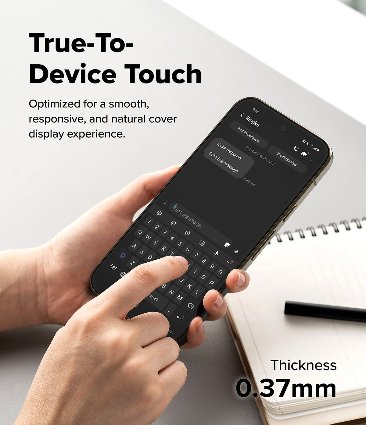 Pixel 11 Pro XL Screen Protector | Easy Slide Tempered Glass (2 Pack) - A person holds a smartphone with a black protective keyboard cover, demonstrating its slim profile and touch sensitivity. The image includes text overlays reading 'True-To-Device Touch' and 'Thickness 0.