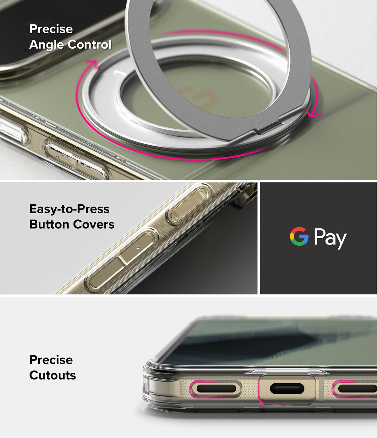 Google Pixel 11 Pro XL Case | Fusion Ring - A close-up product collage showing a transparent phone case with a metallic ring camera accessory and button covers. Text highlights 'Precise Angle Control,' 'Easy-to-Press Button Covers,' and 'Precise Cutouts,' with a Google Pay logo shown on one panel.
